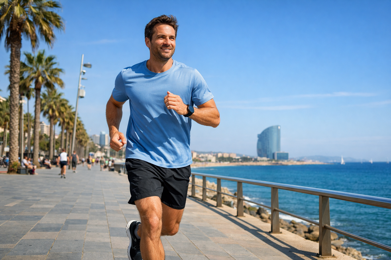 Hombre corriendo por el paseo de Barcelona en un día soleado