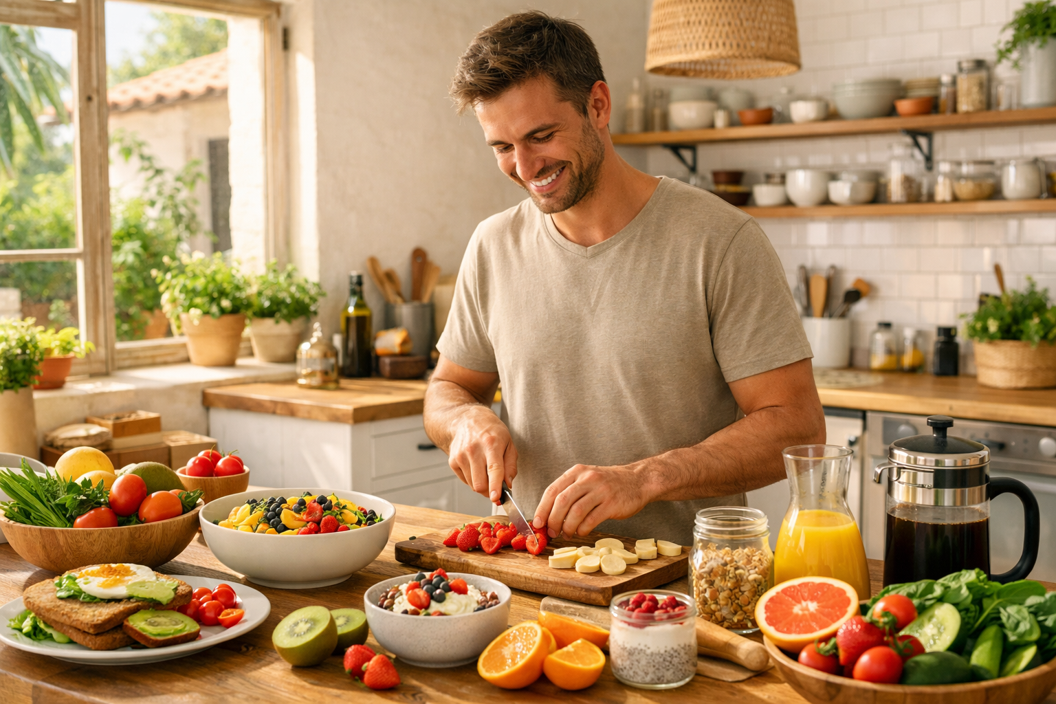 Mujer preparando un desayuno saludable y colorido en una cocina luminosa